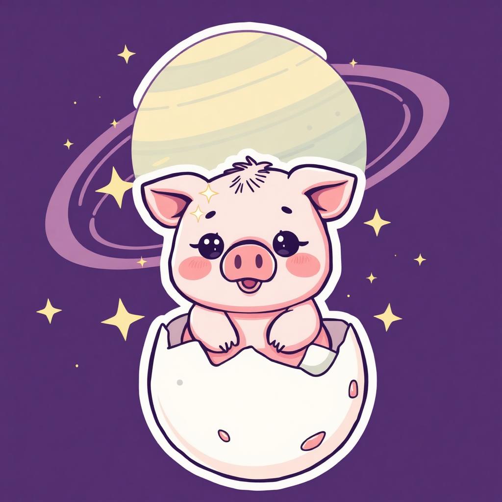 A tiny baby cosmic pig hatching from a glowing egg near Saturn's rings