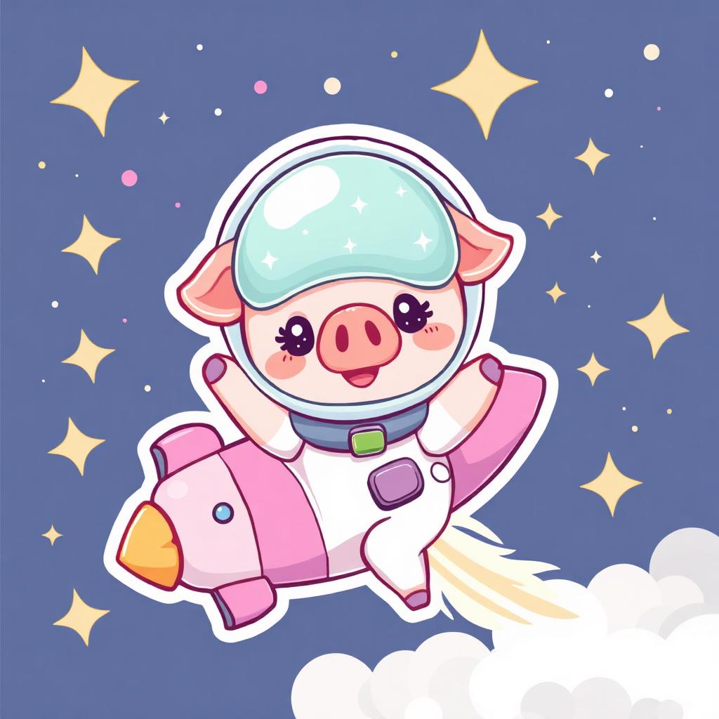 A cute cartoon pig riding a colorful rocket through a starry sky