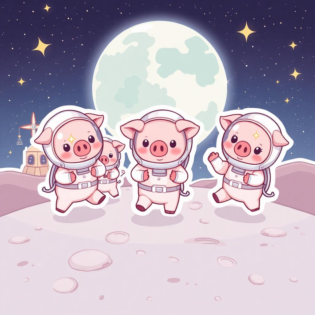 A colony of cute astronaut pigs walking across the lunar surface